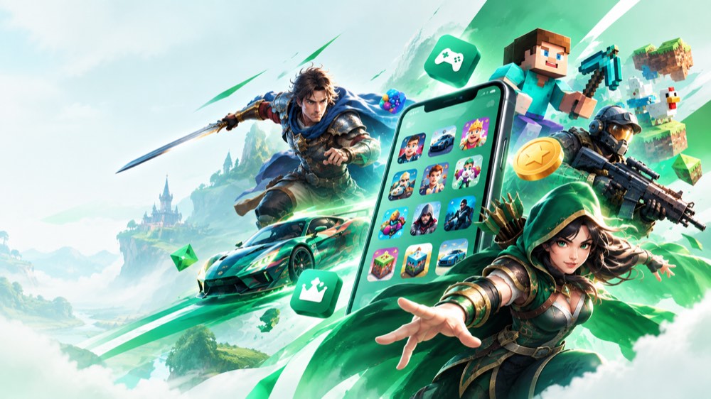 A smartphone showing a grid of colourful mobile game icons, surrounded by characters from racing, fantasy, action and puzzle games